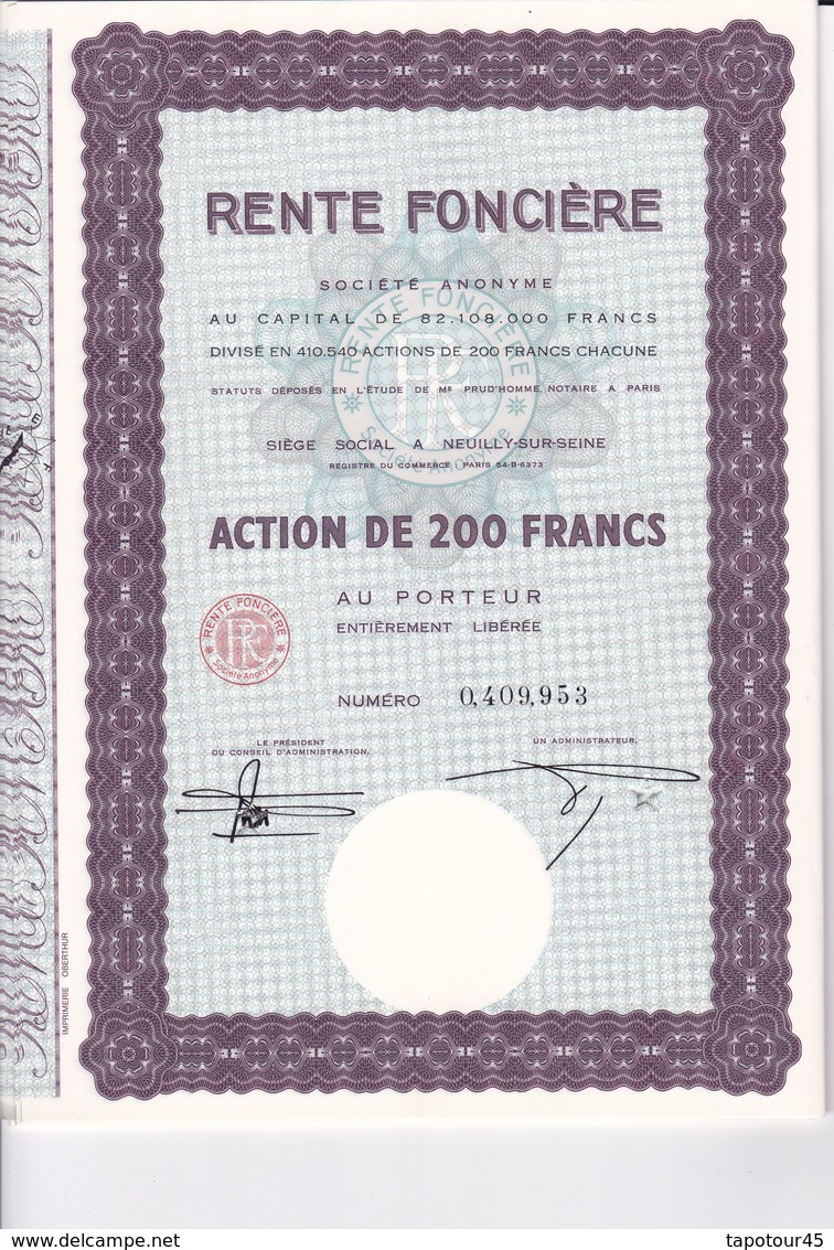 T 2	LOT (8 Titres) : RENTE FONCIERE : Action De 200 Frs	  (18) - Autres & Non Classés