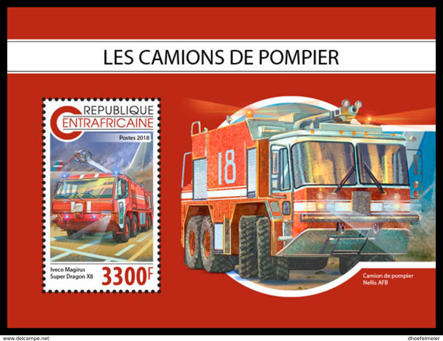 CENTRAL AFRICA 2018 **MNH Fire Engines Feuerwehr Fahrzeuge Camions De Pompier S/S - OFFICIAL ISSUE - DH1847 - Sapeurs-Pompiers