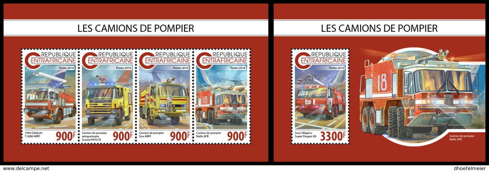 CENTRAL AFRICA 2018 **MNH Fire Engines Feuerwehr Fahrzeuge Camions De Pompier M/S+S/S - IMPERFORATED - DH1847 - Sapeurs-Pompiers