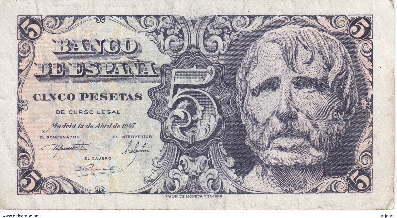 BILLETE DE ESPAÑA DE 5 PTAS DEL AÑO 1947 DE SENECA SIN SERIE CALIDAD MBC (VF) - 5 Pesetas