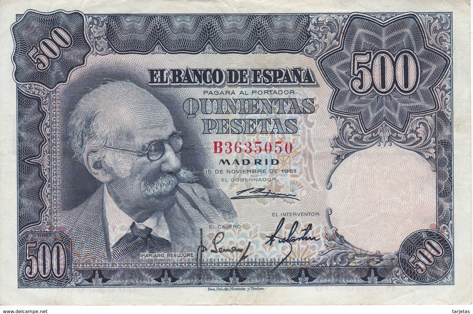 BILLETE DE ESPAÑA DE 500 PTAS AÑO 1951 DE BENLLIURE SERIE B EN CALIDAD EBC (XF)   (BANKNOTE) - 500 Pesetas