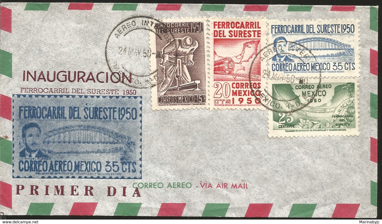 J) 1950 MEXICO, INAUGURATION OF THE SOUTHEAST RAILROAD, MAP, BRIDGE, MULTIPLE STAMPS, FDC - Mexique