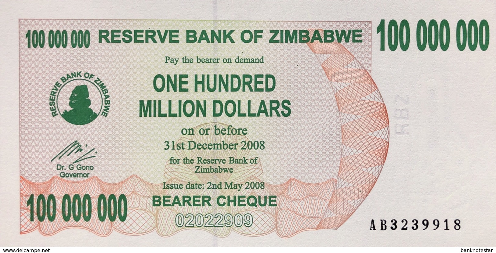 Zimbabwe 100 Million Dollars, P-58 (2.5.2008) - UNC - Simbabwe