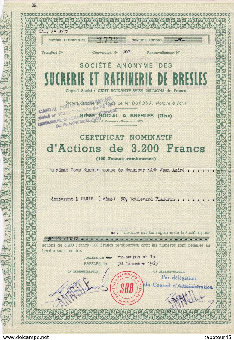 Th3	LOT (3 Titres) : SUCRERIE : BRESLES - Act. De 50 Frs + Cer.		1970	2 Différentes	  (39) - Autres & Non Classés