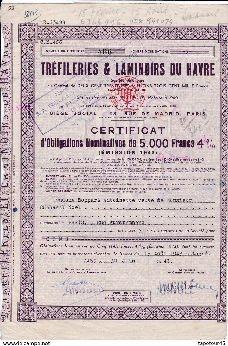 Th3	LOT (3 Titres) : TREFILERIES : LE HAVRE - Certificat		1943	2 Différentes  (40) - Autres & Non Classés