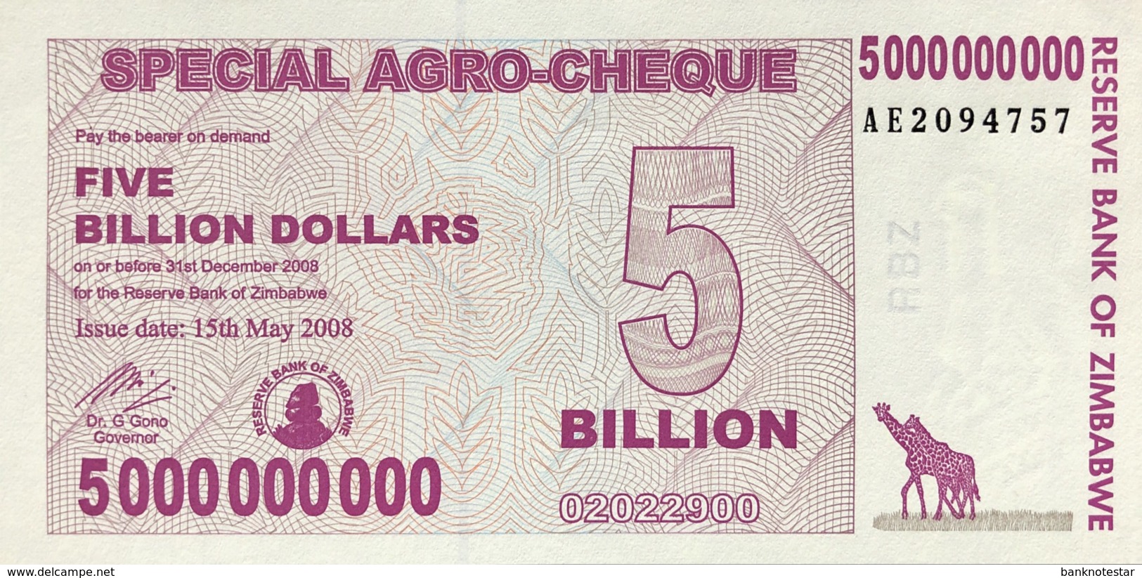 Zimbabwe 5 Billion Dollars, P-61 (15.5.2008) - UNC - Simbabwe