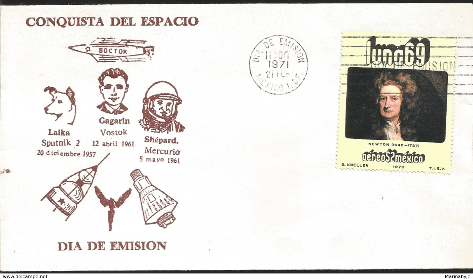 J) 1971 MEXICO, MOON, CONQUEST OF SPACE, LAIKA SPUTNIK, GAGARIN VOSTOK SHEPARD MERCURIO, ISAAC NEWTON, FDC - Mexico