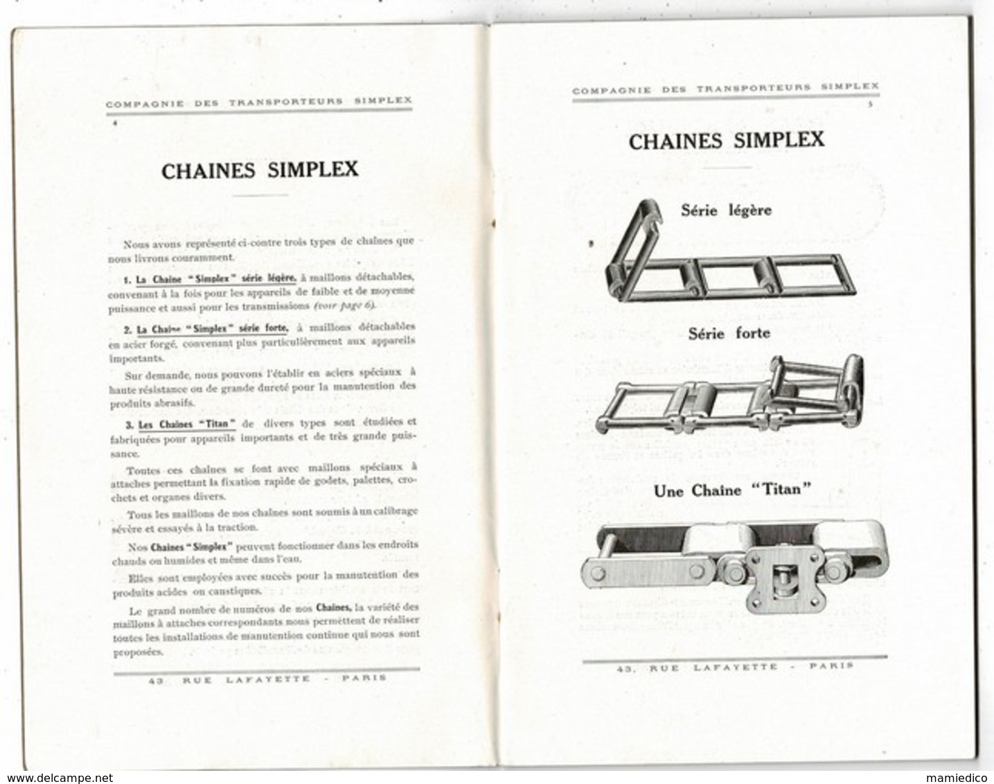 1928 Catalogue SIMPLEX "Chaînes Et Pièces Détachées" Pour Elévateurs, Transporteurs, Transmissions. 48 Pages 15,50/24 Cm - Matériel Et Accessoires
