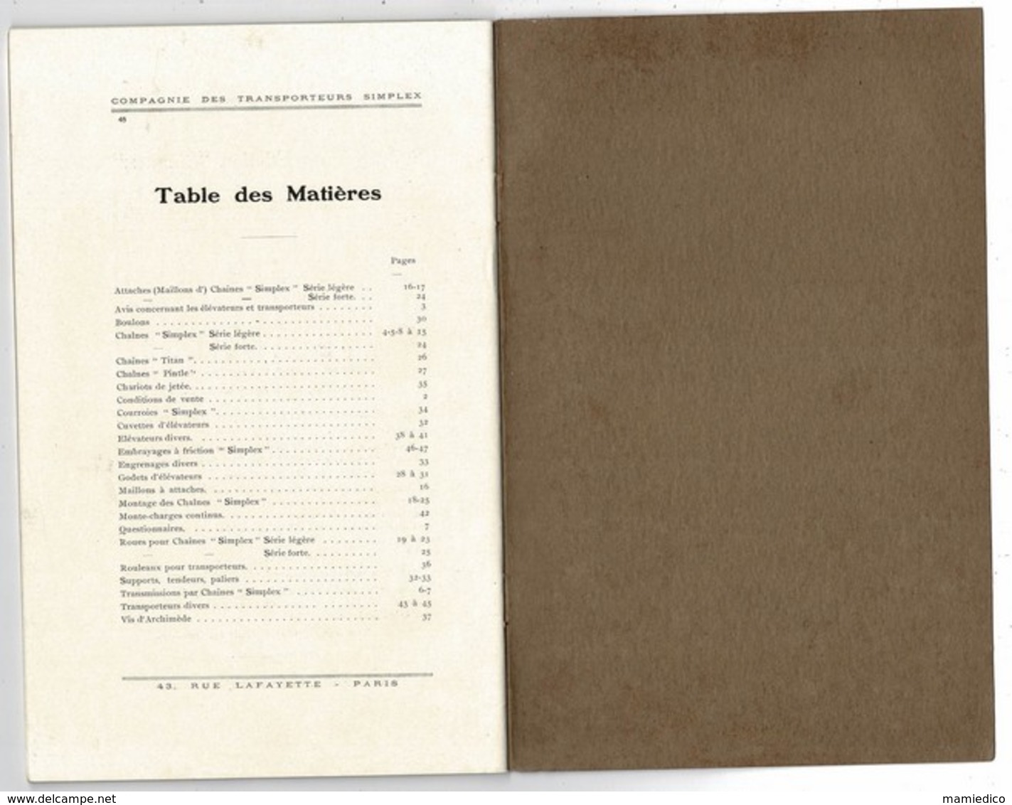 1928 Catalogue SIMPLEX "Chaînes et Pièces détachées" pour Elévateurs, Transporteurs, Transmissions. 48 pages 15,50/24 cm