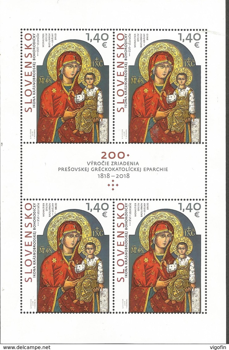 SK 2018-671  ART: The Icon Of Krásny Brod, The Mother Of God  SLOVAKIA, MS, MNH - Blocks & Kleinbögen
