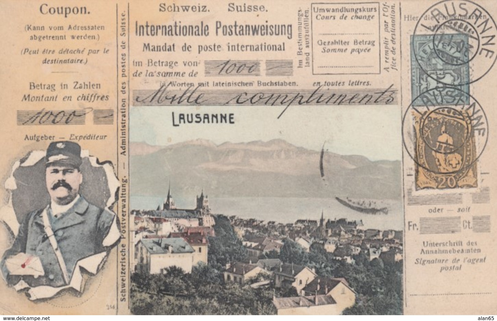 Lausanne Switzerland View, Postal Carrier Stamp Theme Images, C1900s Vintage Postcard - Postal Services