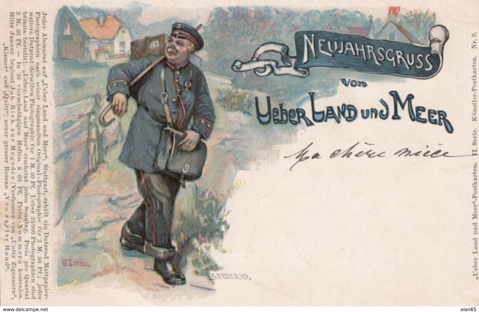 New Year Greetings From UeberLand Und Meer, Postal Carrier Mail Theme, C1890s Vintage Postcard - Postal Services