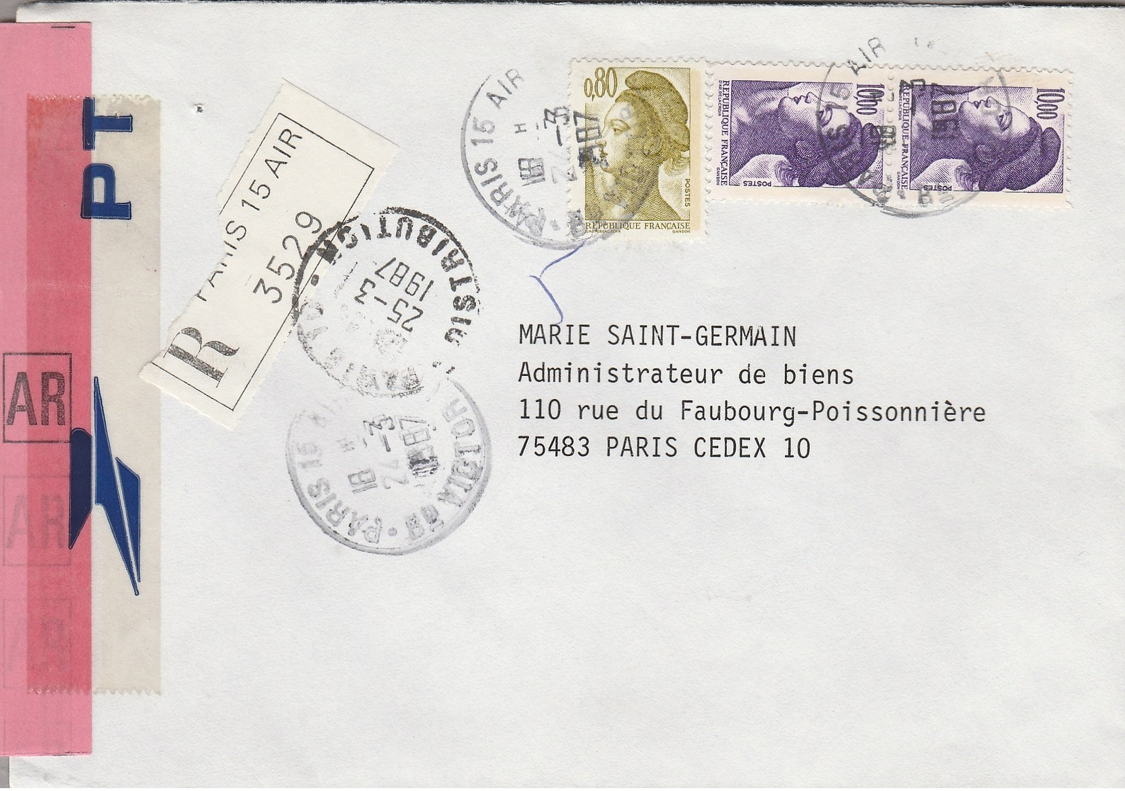 LSC Recommandé 1987 - Cachet PARIS 15  AIR - YT 2241 Et 2276 - 1960-.... Lettres & Documents