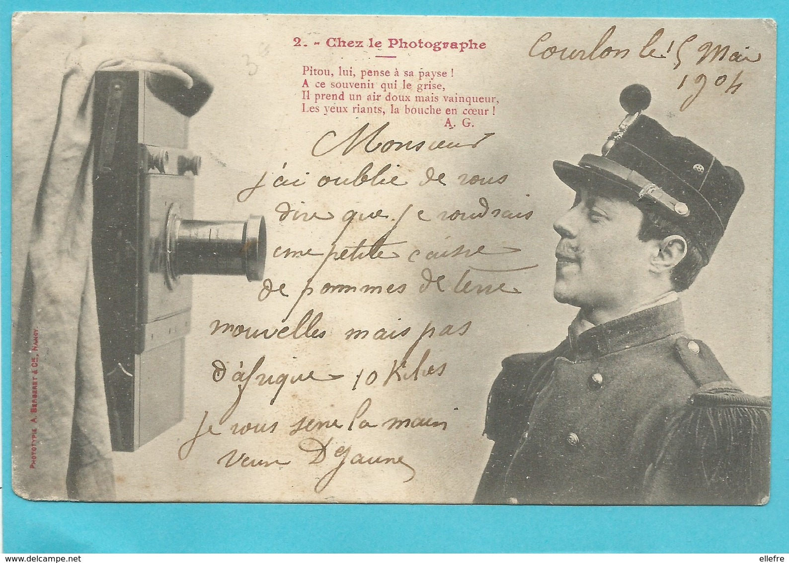 CPA Bergeret - Pitou Chez Le Photographe Carte 2 Le Soldat - 1904 écrite Voyagée - Men