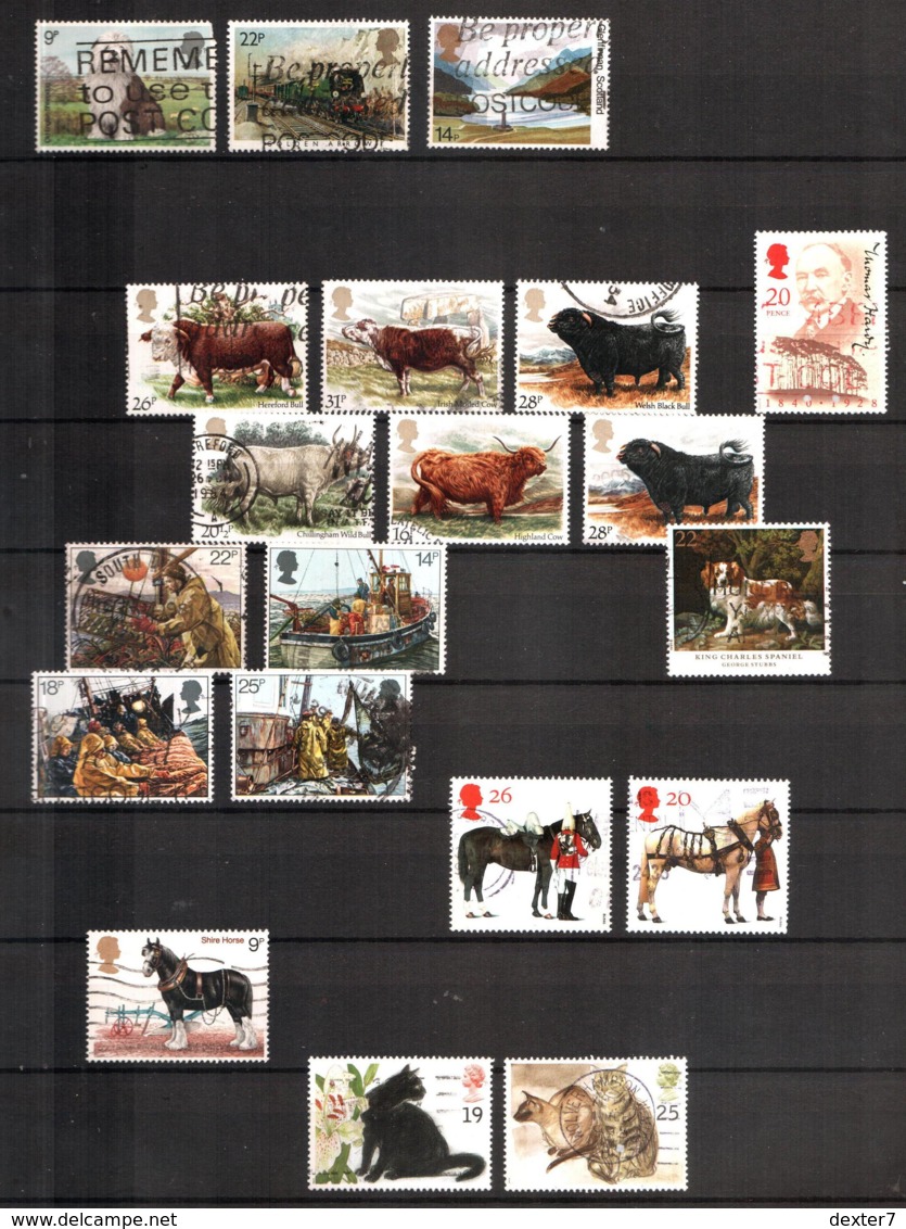 United Kingdom, Lot Of 306 Used Stamps - Birds, Bulls, Horses, Cars, Architecture, Cats, Bridges England UK Regno Unito - Usati