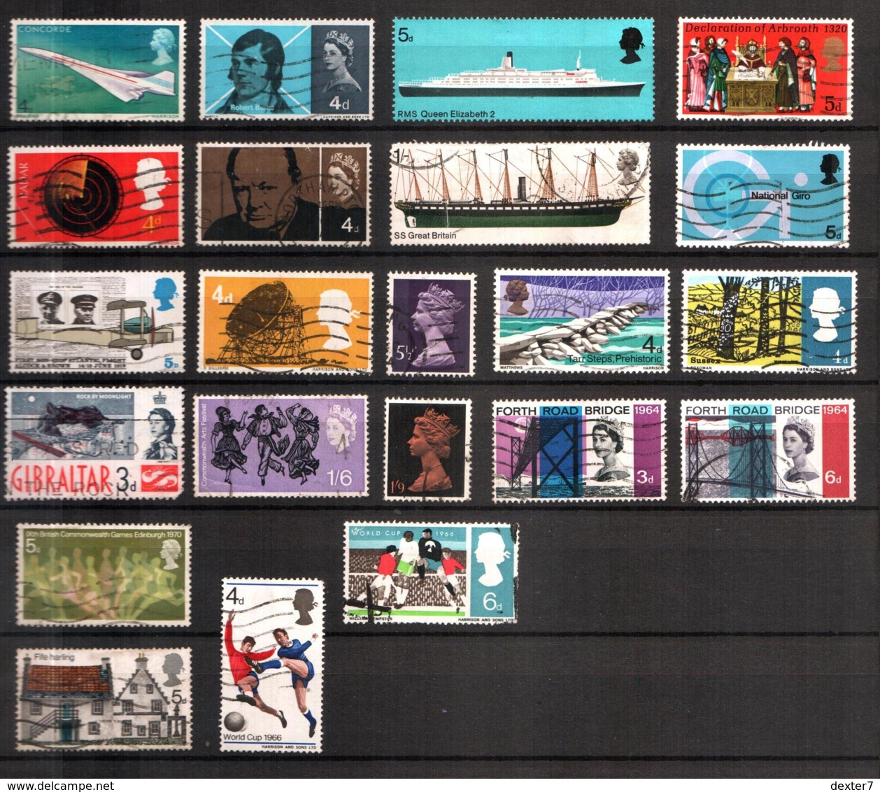 United Kingdom, lot of 306 used stamps - Birds, Bulls, Horses, Cars, Architecture, Cats, Bridges England UK Regno Unito