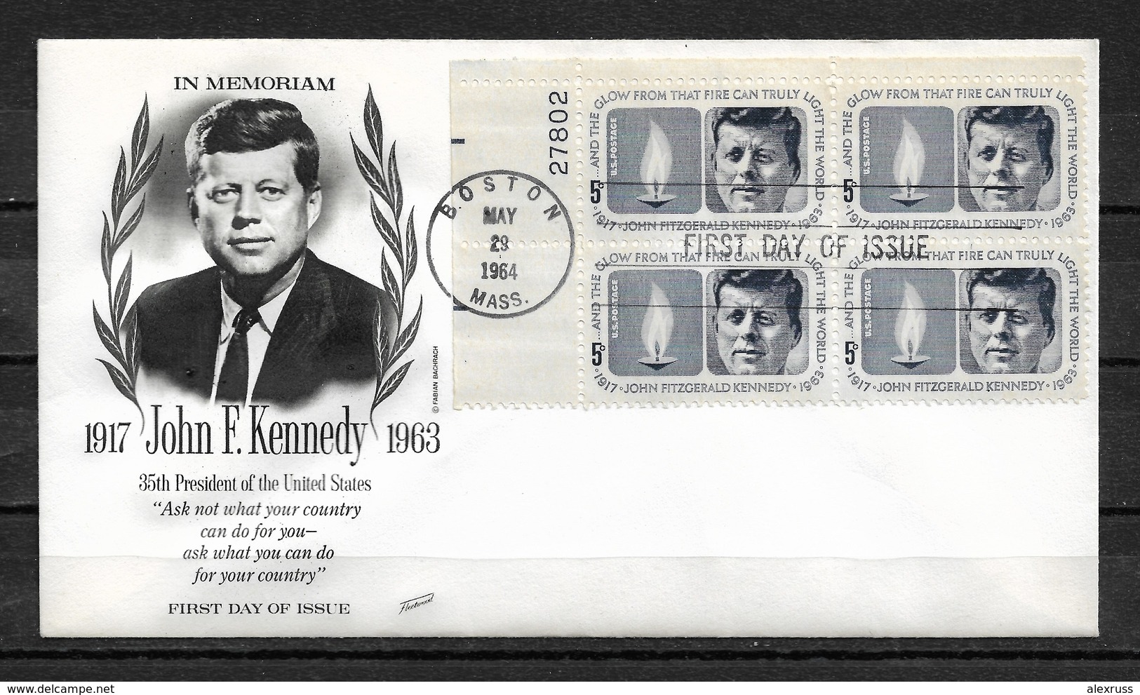 US 1964 FDC JFK Cachet,In Memoriam Of John F. Kennedy,Plate Block,VF-XF!!,(RN4) - 1961-1970