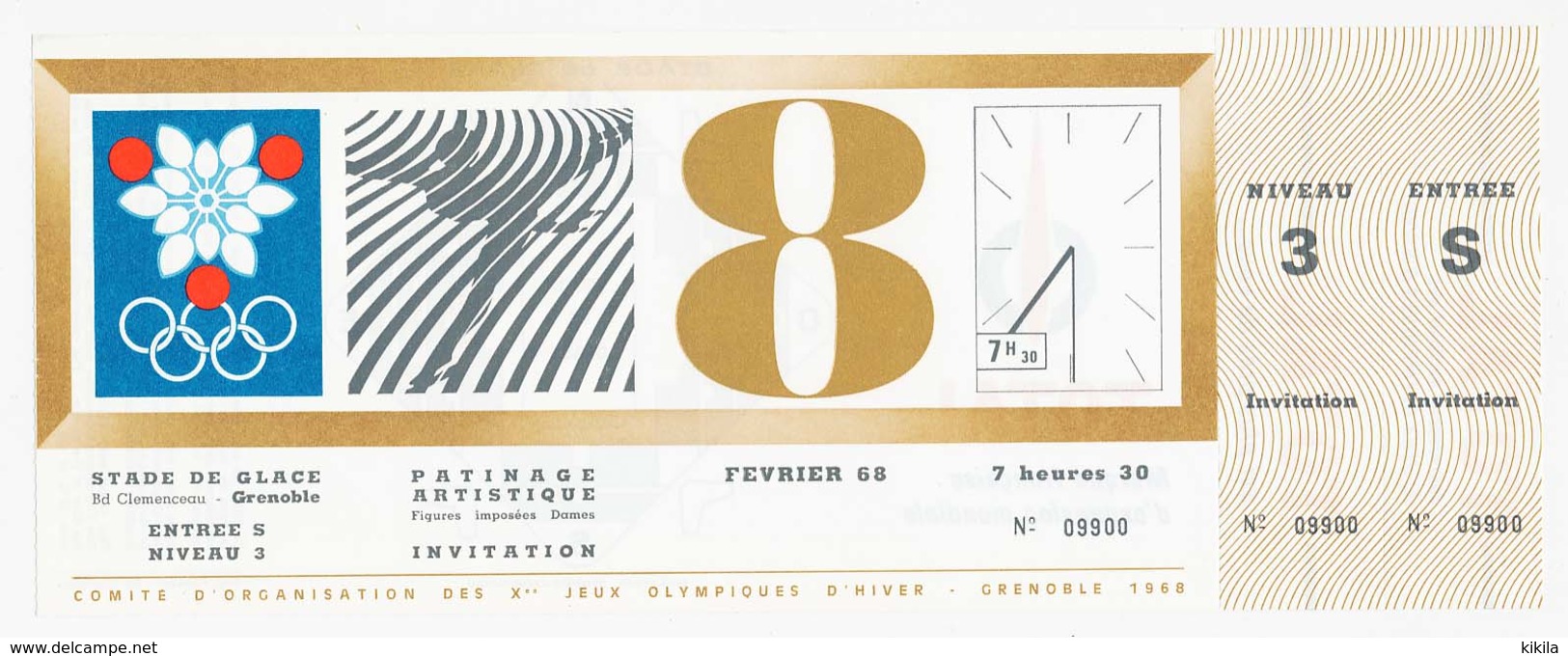 Billet Entrée PATINAGE ARTISTIQUE Figures Imposées Dames 8 Février 1968 Jeux Olympiques D'hiver Grenoble Stade De Glace* - Tickets D'entrée