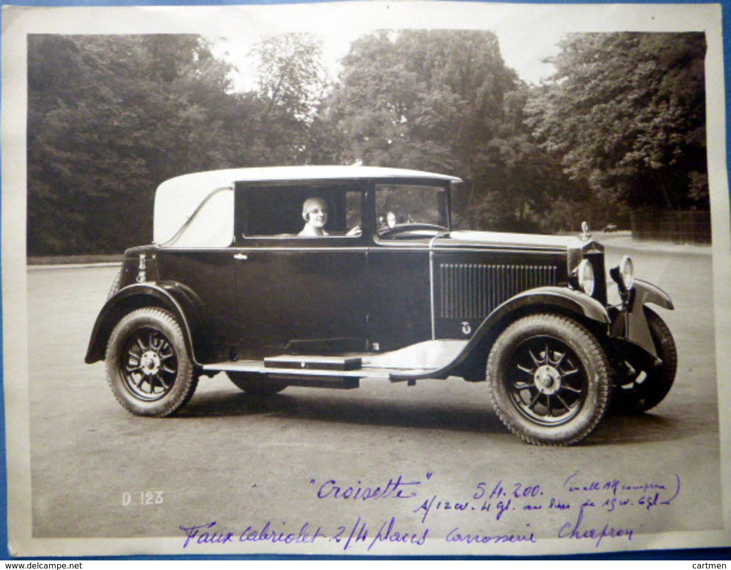 AUTOMOBILE CROISETTE FAUX CABRIOLET CAROSSERIE CHAPRON 12 CV PRIX 54200 FRANCS DIMENSION PHOTO  23 X 18 Cm - Automobiles