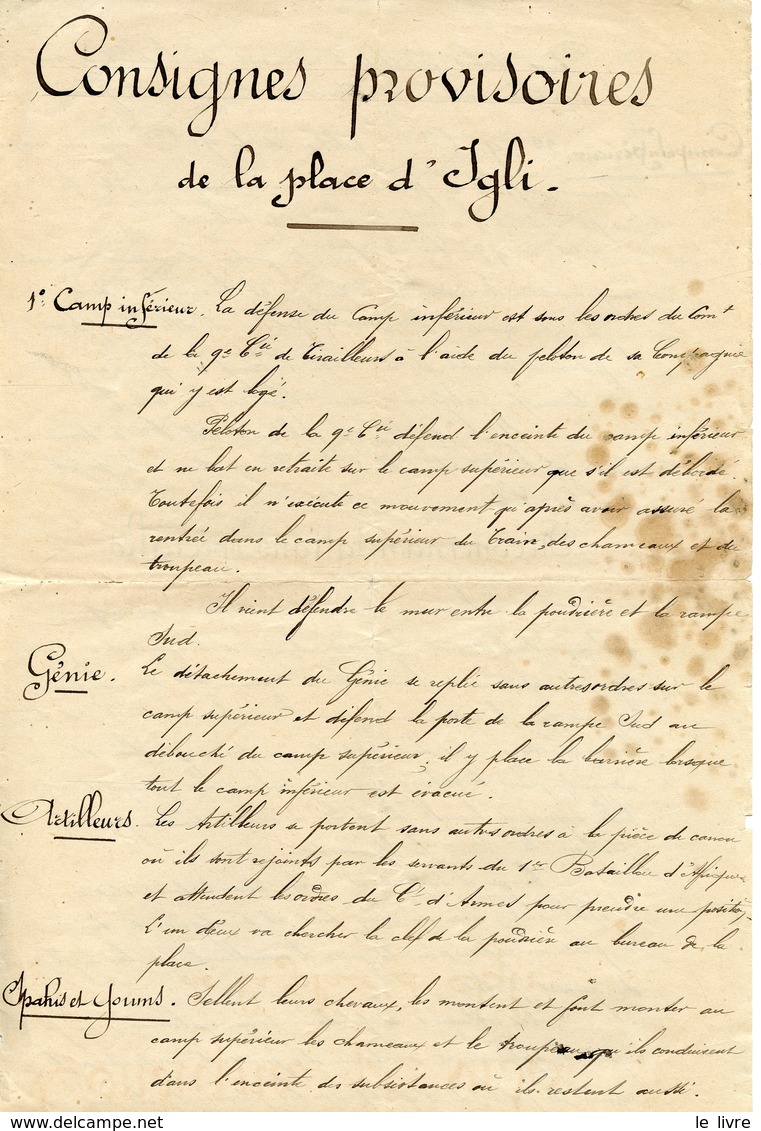 ALGERIE CONSIGNES MANUSCRITES PROVISOIRES DE LA PLACE D'IGLI 1901 - Documents