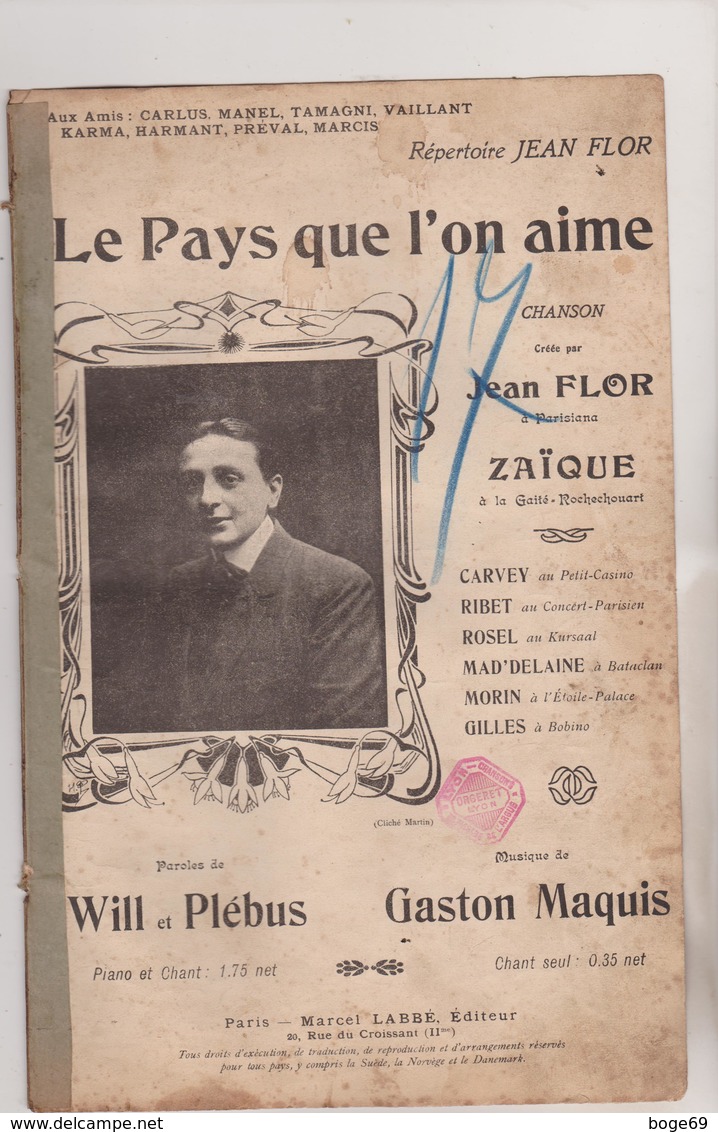 (GEO) Le Pays Que L'on Aime , JEAN FLOR , ZAIQUE ,musique GASTON MAQUIS , Paroles WILL Et PLEBUS - Partitions Musicales Anciennes