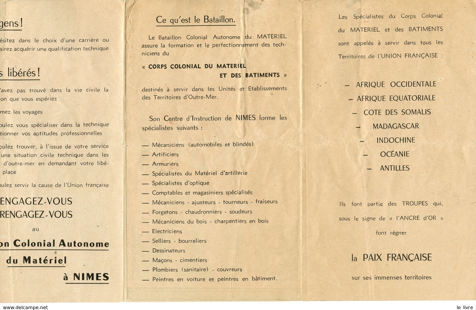 NÎMES (VERS 1950?) DEPLIANT DU BATAILLON COLONIAL AUTONÔME DU MATERIEL - Documents