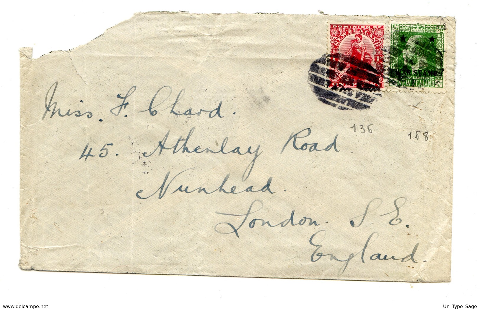 New Zeland - N°136 + 168 (war Stamp) Sur Lettre D'Auckland Pour Londres 1916 - (W1015) - Briefe U. Dokumente