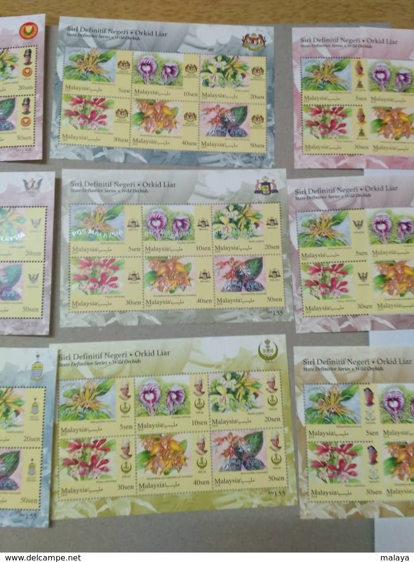 MALAYSIA 2018 WILD ORCHIDS definitive state series 14 MS stamps Perf Complete Sarawak Borneo Sabah Penang Perlis