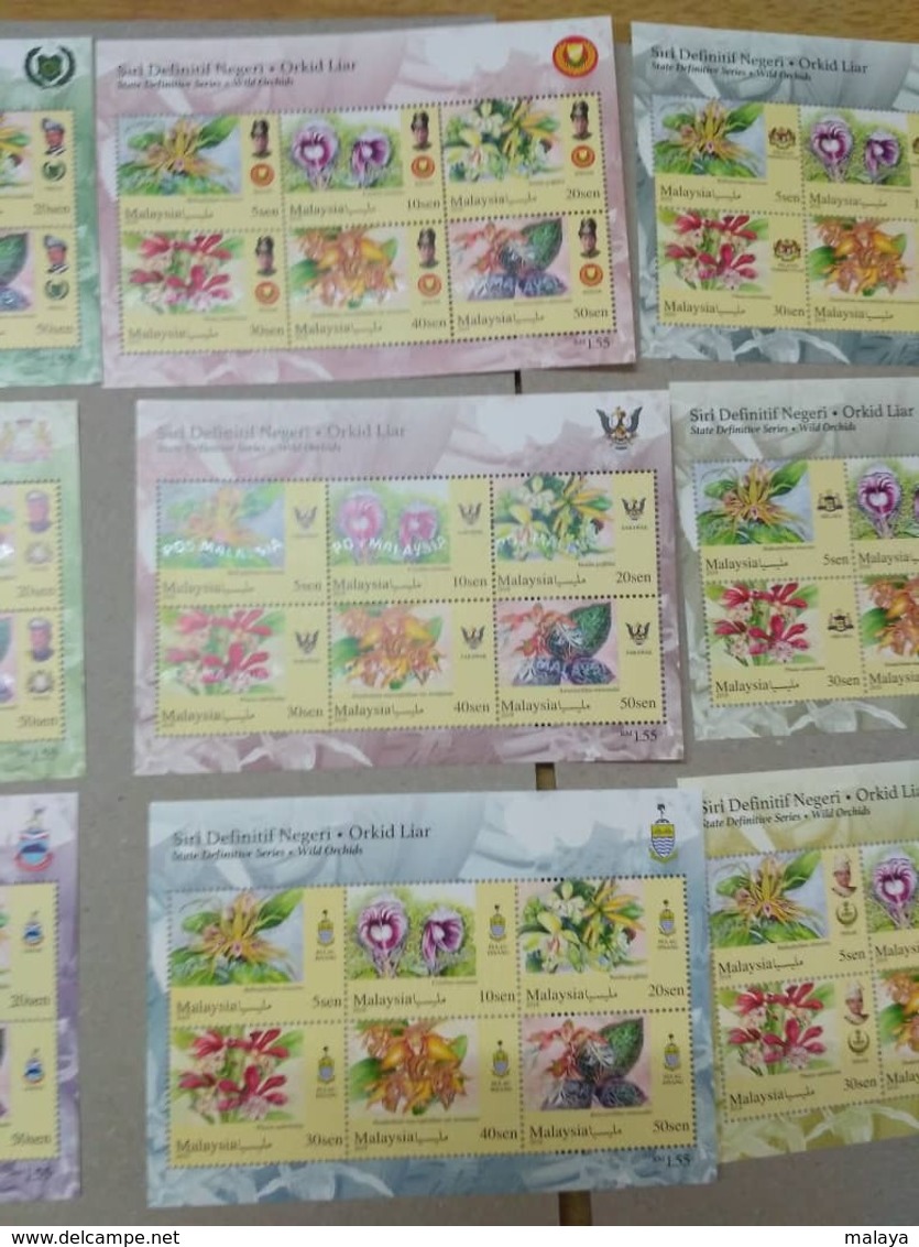 MALAYSIA 2018 WILD ORCHIDS definitive state series 14 MS stamps Perf Complete Sarawak Borneo Sabah Penang Perlis