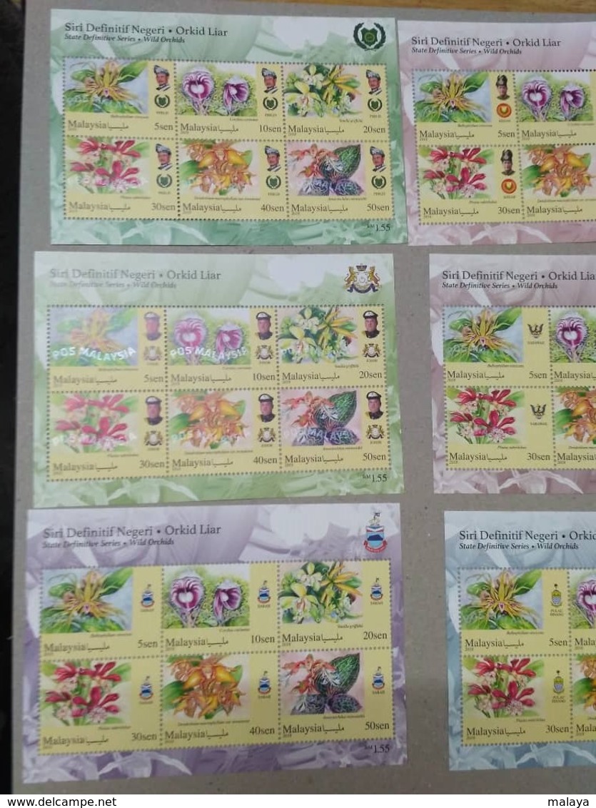 MALAYSIA 2018 WILD ORCHIDS definitive state series 14 MS stamps Perf Complete Sarawak Borneo Sabah Penang Perlis