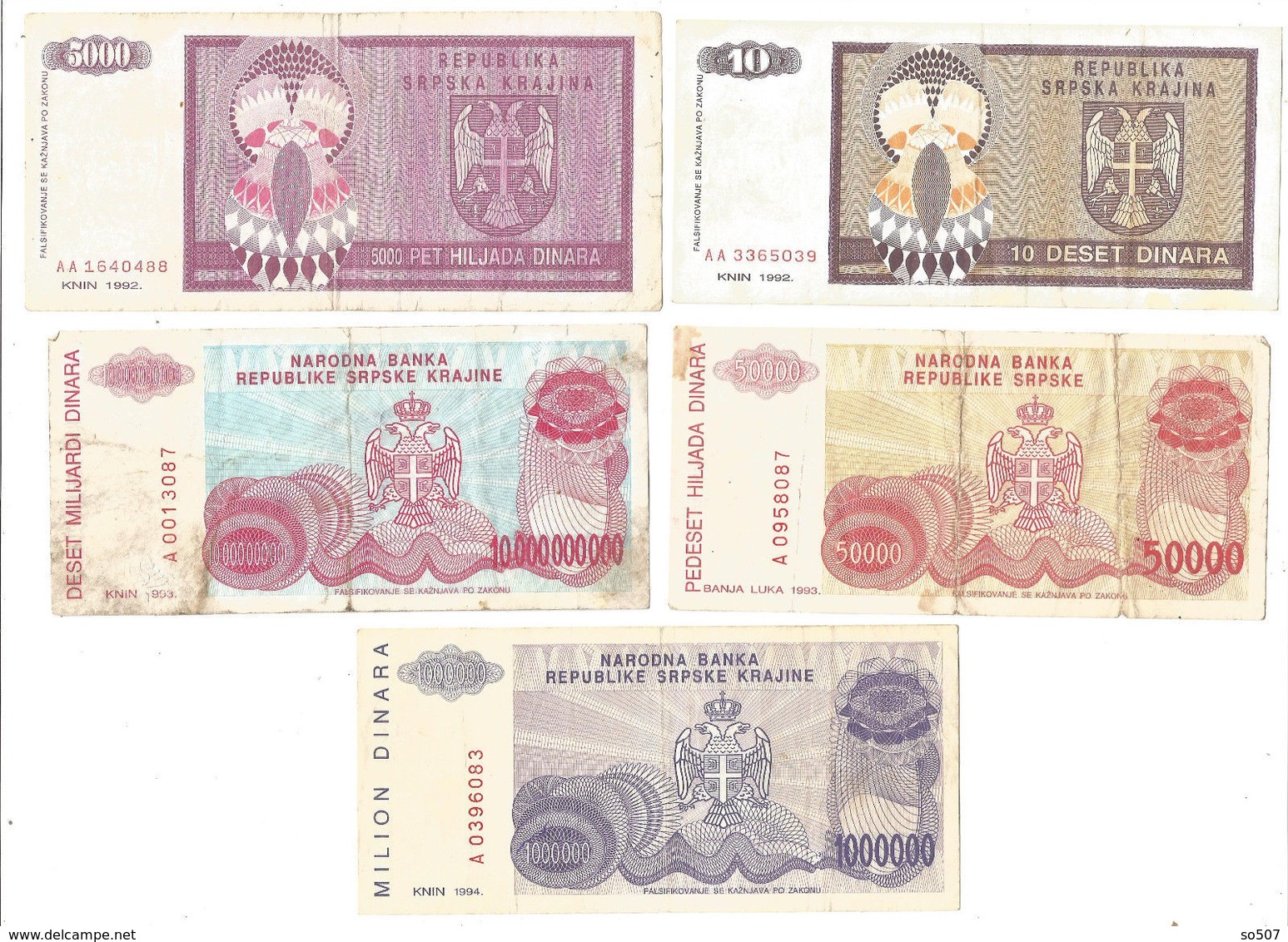 X1- Lot 5 Psc.Banknote Republic Of Srpska Krajina,Knin,Banja Luka 1992/93/94. - Kroatië