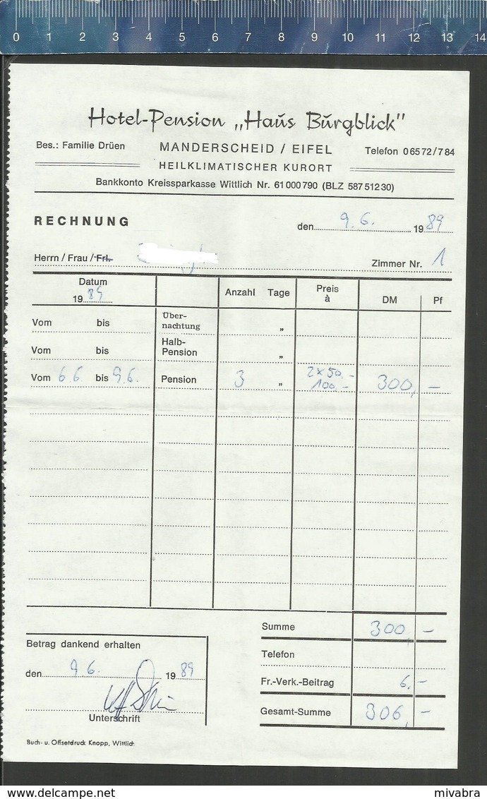 RECHNUNG HOTEL PENSION HAÜS BÜRGBLICK MANDERSCHEID EIFEL KURORT 1989 - Sports & Tourism