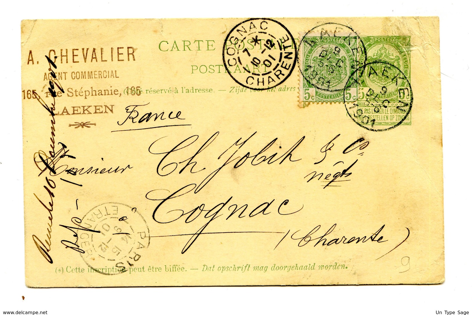 Belgique - Carte Postal Entier 5c. + N°56 De LAEKEN Pour Cognac Via Paris, 1901 - (W1023) - 1893-1907 Armoiries