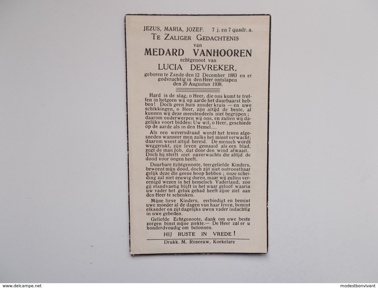 Oud Bidprentje: Medard VANHOOREN Echtg. Lucia DEVREKER, Zande 12/12/1883 - 20/8/1938 - Todesanzeige