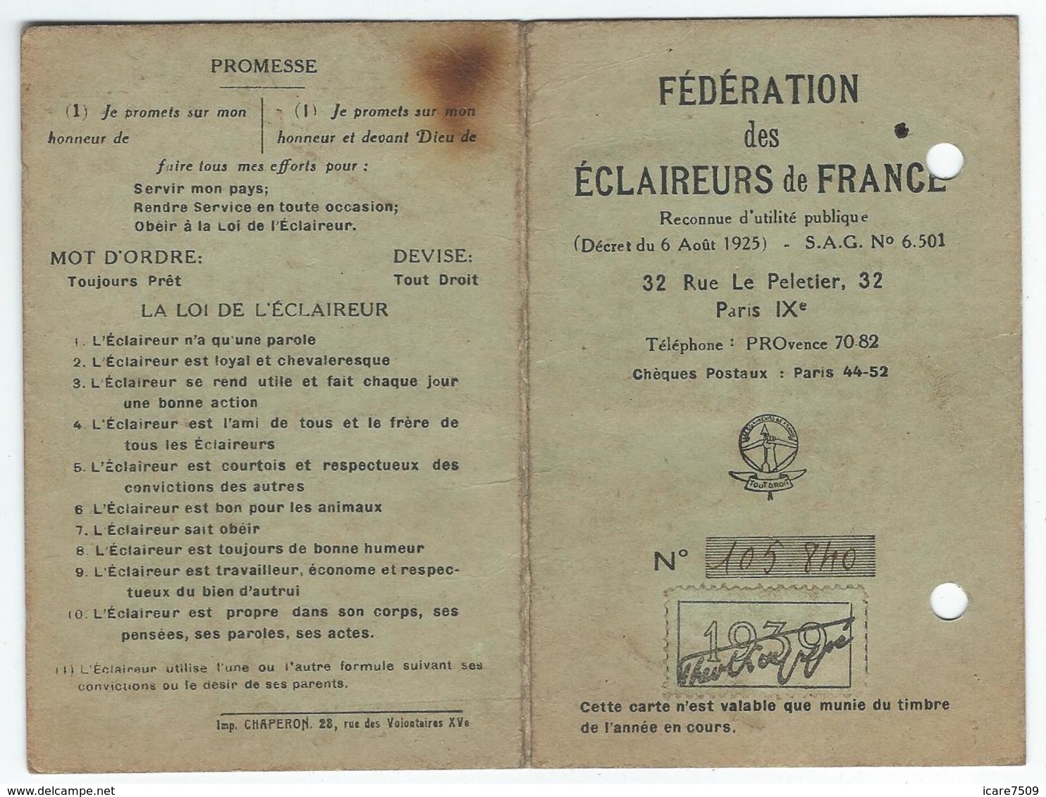 SCOUTISME - St-DENIS-de-SAINTONGE (17) - Carte De'Identité Des Eclaireurs De France De 1939 - Historical Documents