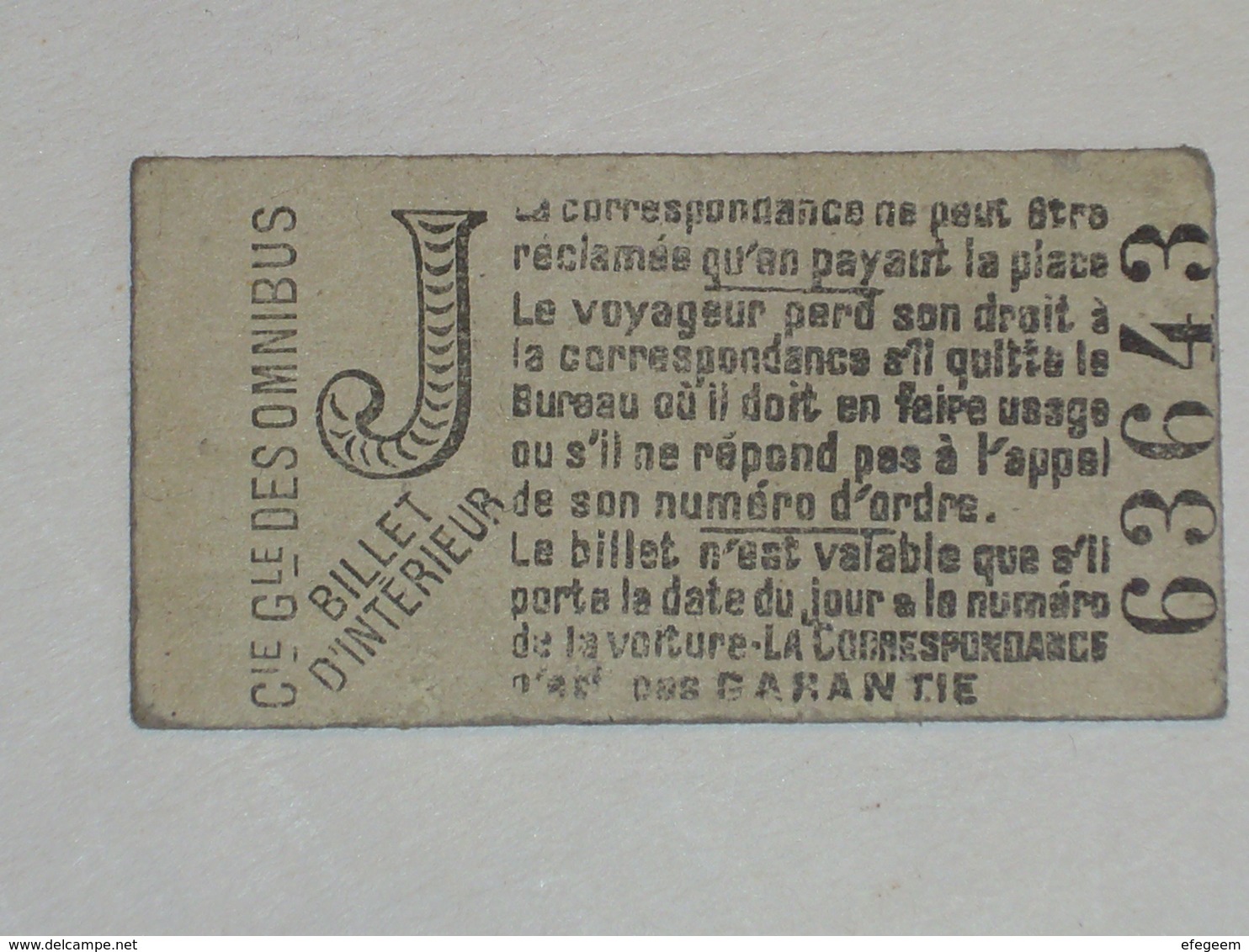 Ancien Ticket Omnibus " J ". Compagnie Générale Des Omnibus, Ticket Metro. - Europe