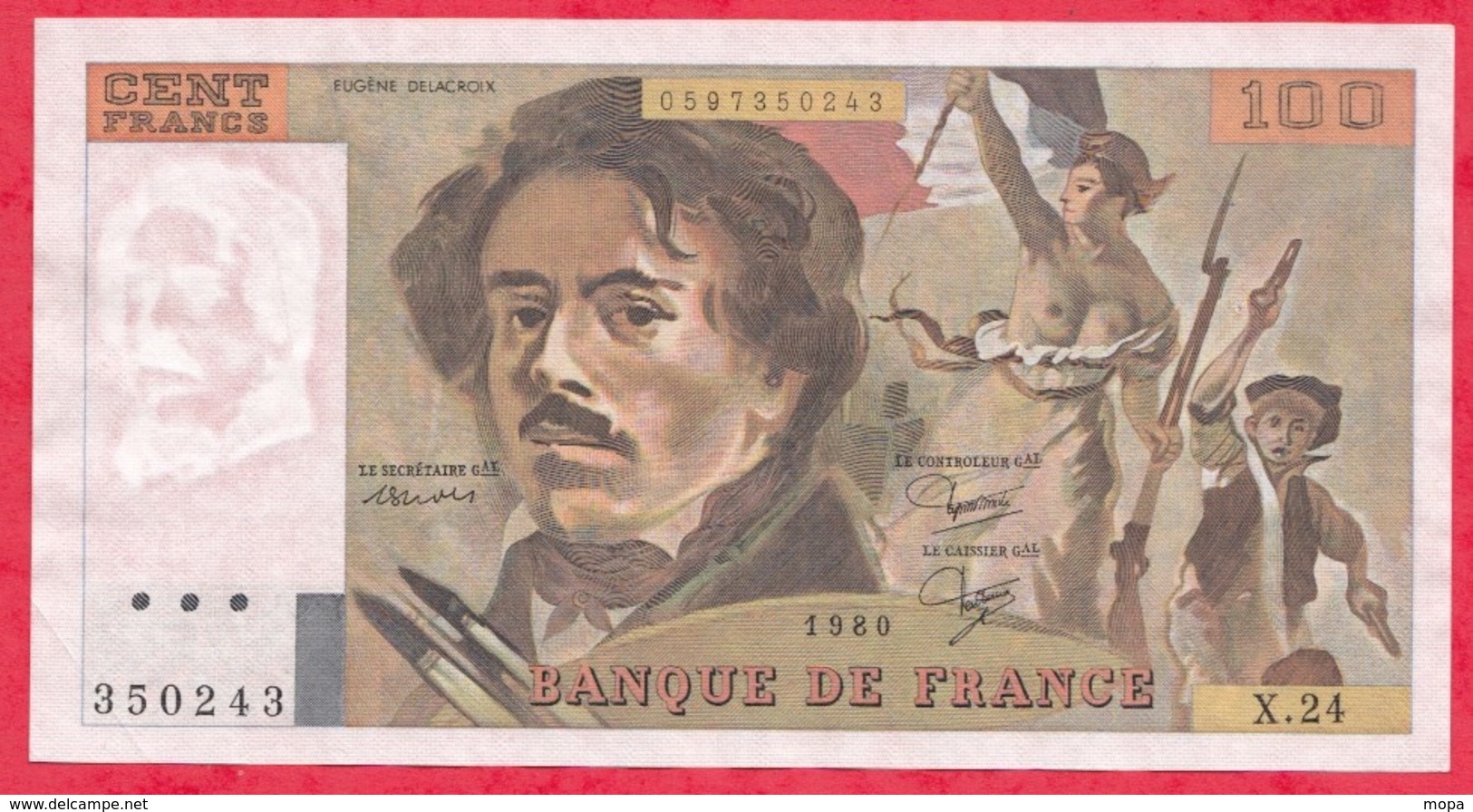 100 Francs "Delacroix" 1980---AU/SPL---Série X.24--AUCUN TROU D EPINGLE - 100 F 1978-1995 ''Delacroix''
