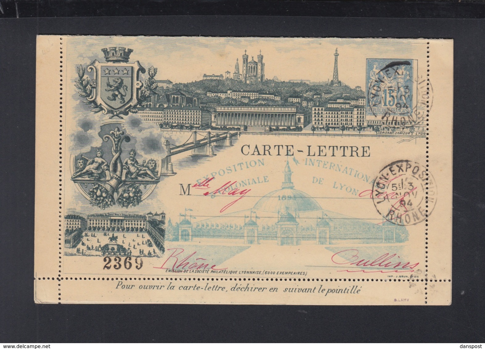 France Carte Lettre 1894 Exposition De Lyon - Cartes-lettres