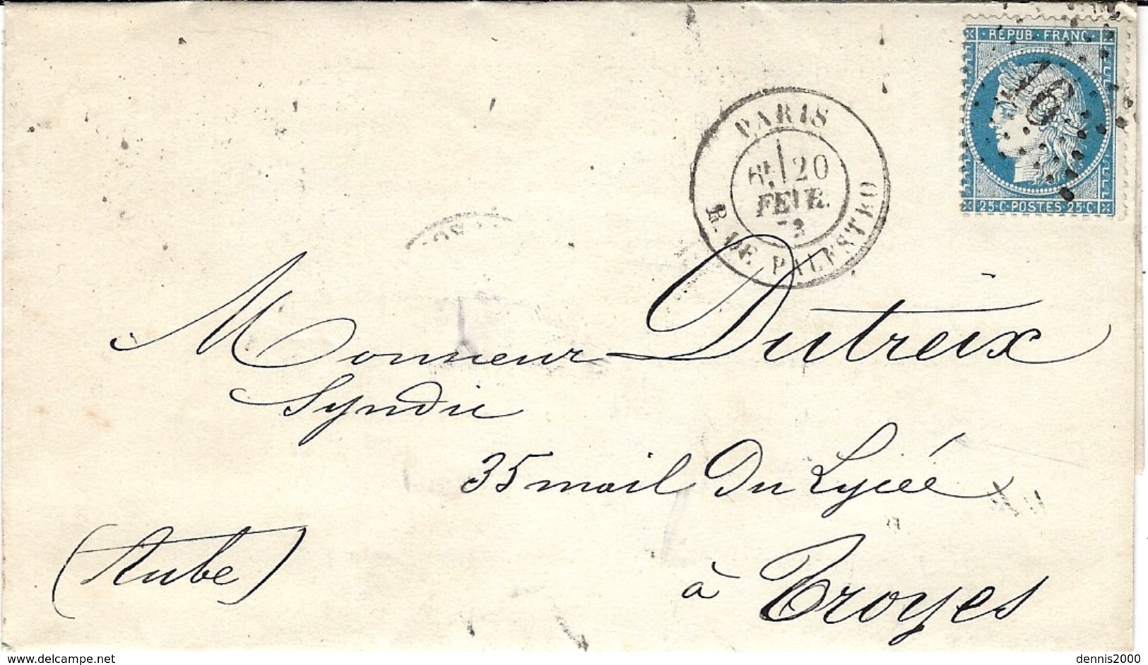 1871- Lettre De Paris / R. DE PALESTRO  Affr. N°60 Oblit. étoile 16 - 1849-1876: Période Classique