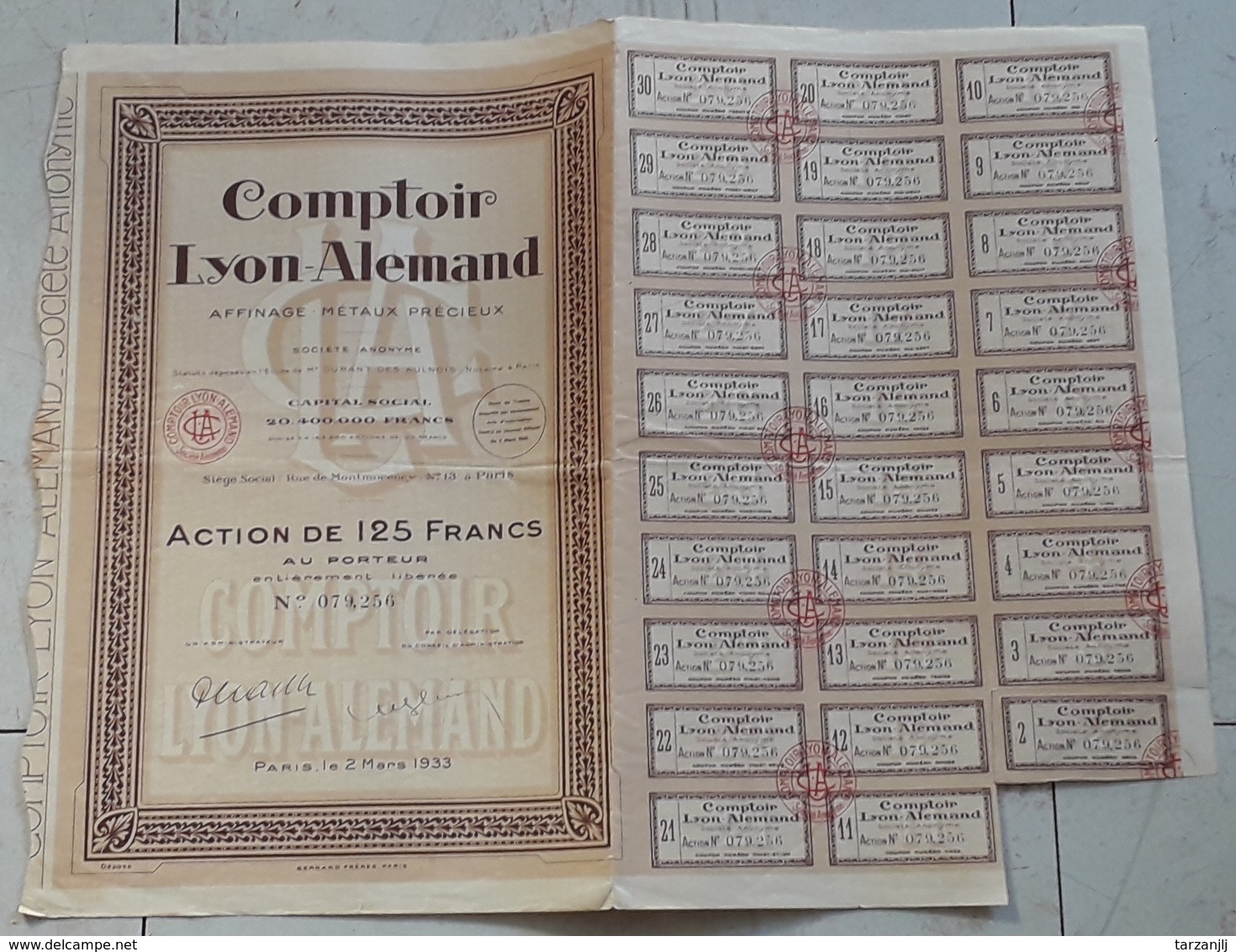 Action Au Porteur De 125 Francs Comptoir Lyon Allemand 1933 Affinage Des Métaux Précieux - Industrie