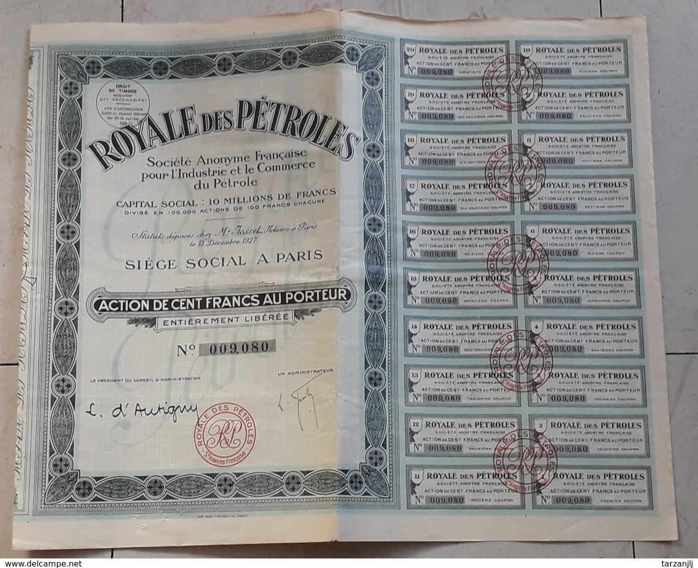 Action Au Porteur De 100 Francs Royale Des Pétroles 1927 - Aardolie