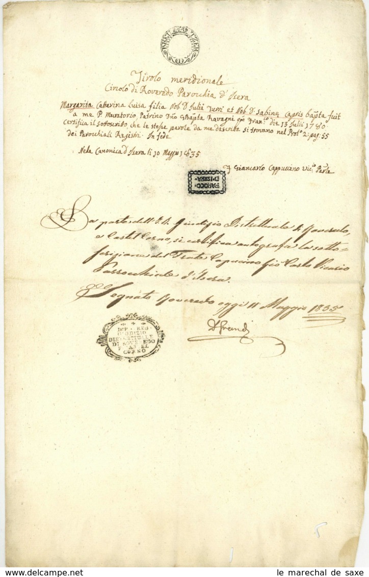 ISERA + ROVEREDO Südtirol Trentino Tirolo Giancarlo Cappuccino 1835 - Historical Documents