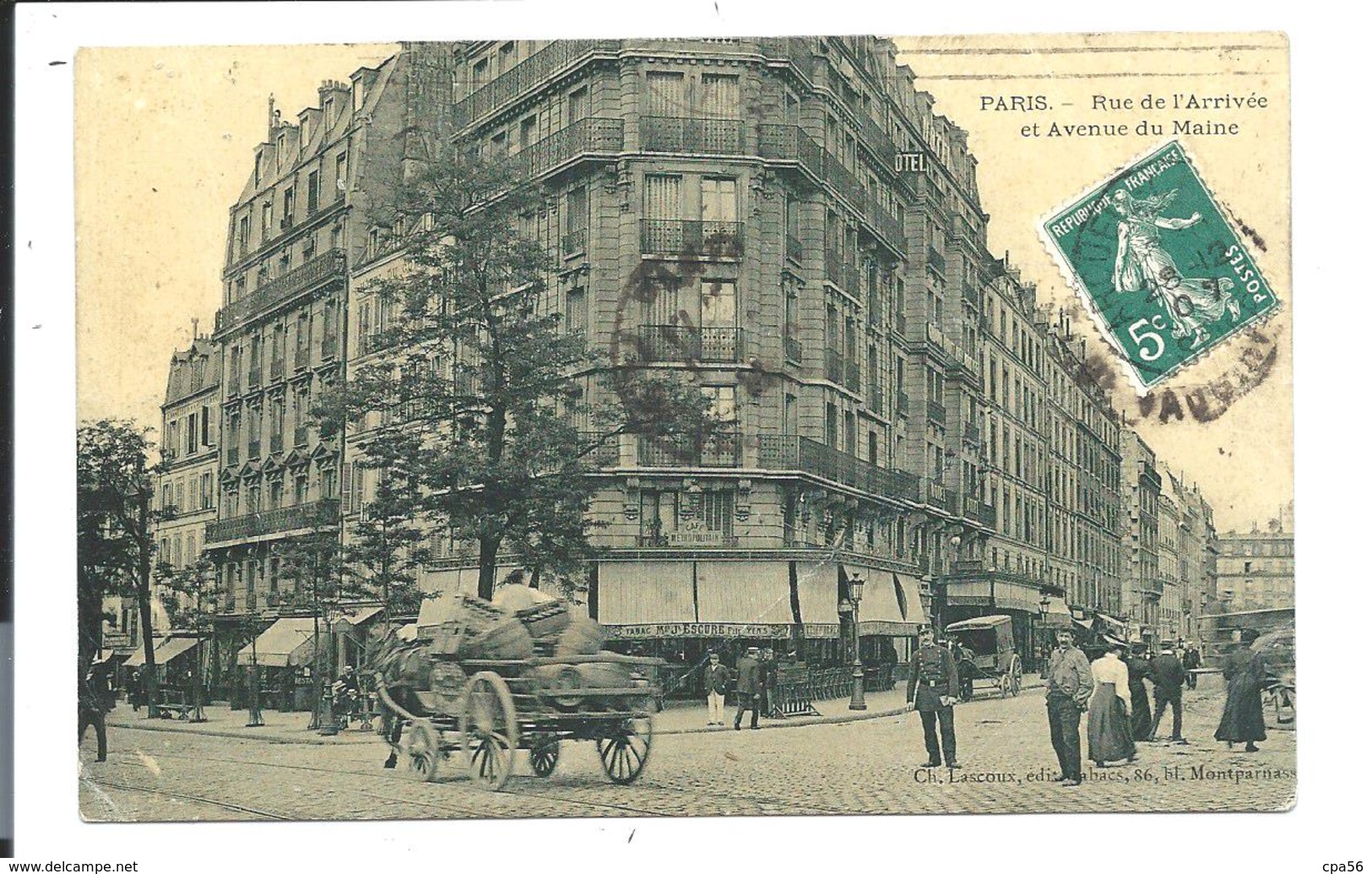 PARIS - LASCOUX - Rue De L'Arrivée Et Avenue Du Maine - Café ESCURE Et Fils - Attelage - Agent De Ville (ou Facteur ?) - District 15