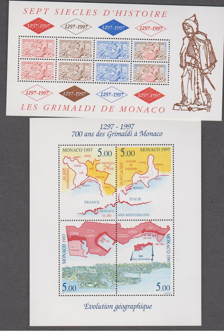 MONACO 2 Blocs Feuillets Neufs N° YT BF75 76 -1997 Sceau Du Prince Evolution Géographique De La Principauté - Blocks & Kleinbögen