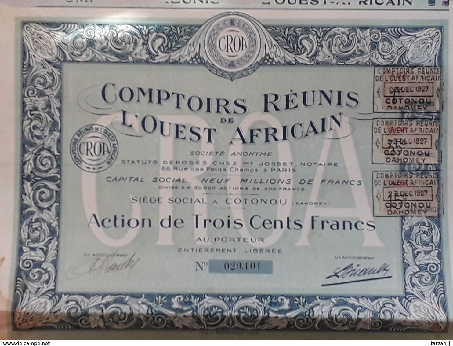 Action Au Porteur De 300 Francs. Comptoirs Réunis De L'Ouest Africain 1927 - Afrique