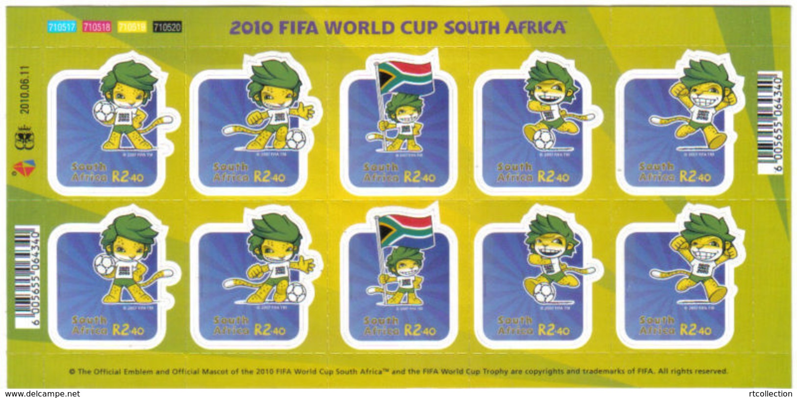 South Africa RSA 2010 ZAKUMI STICKER FIFA World Cup Football Game Soccer Sports S/S Self Adhesive Stamps MNH SG 1781-85 - Blocks & Sheetlets