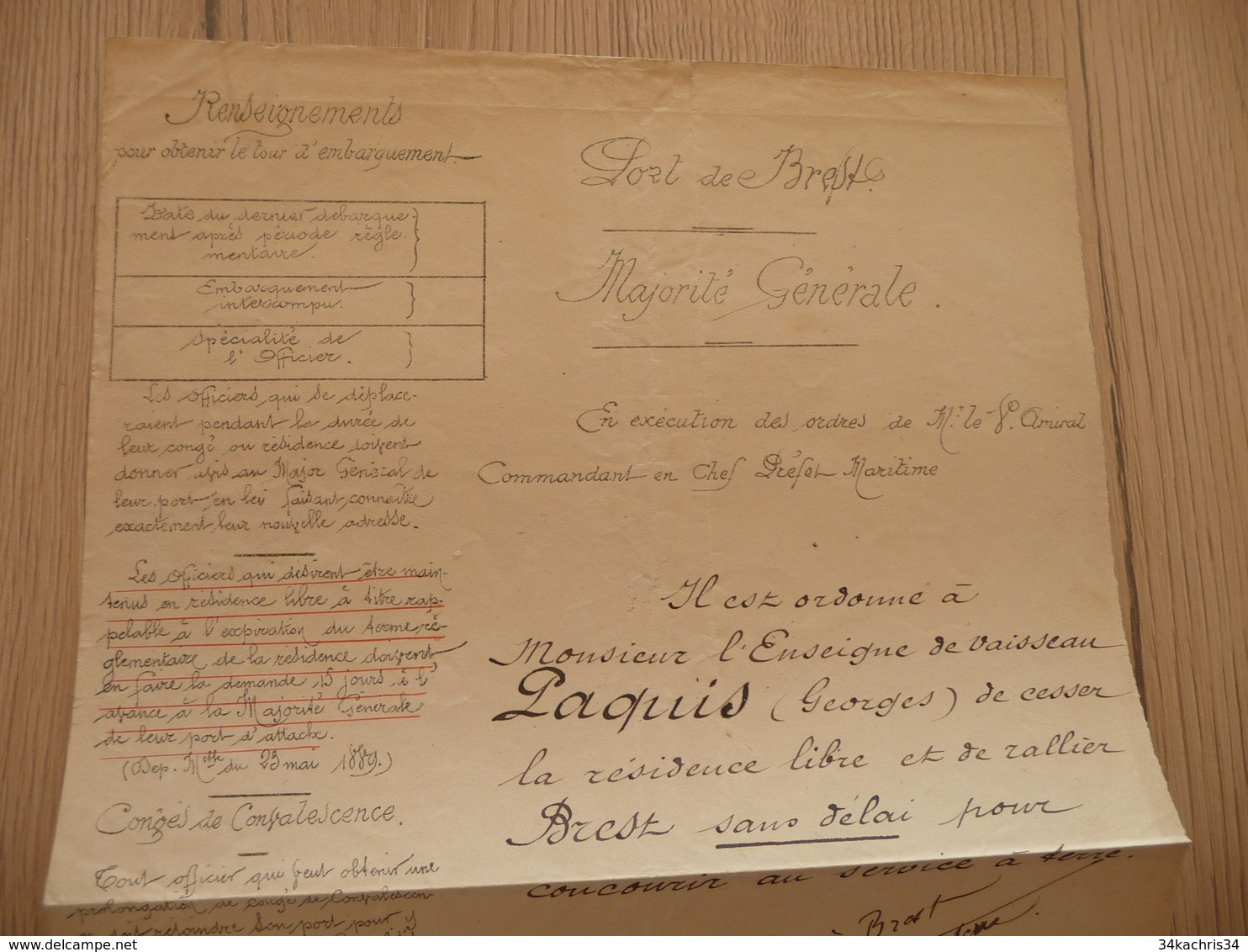 Porte De Brest 18/08/1889 Ordre Pour Paquis De Cesser Résidence Libre Marine - Dokumente