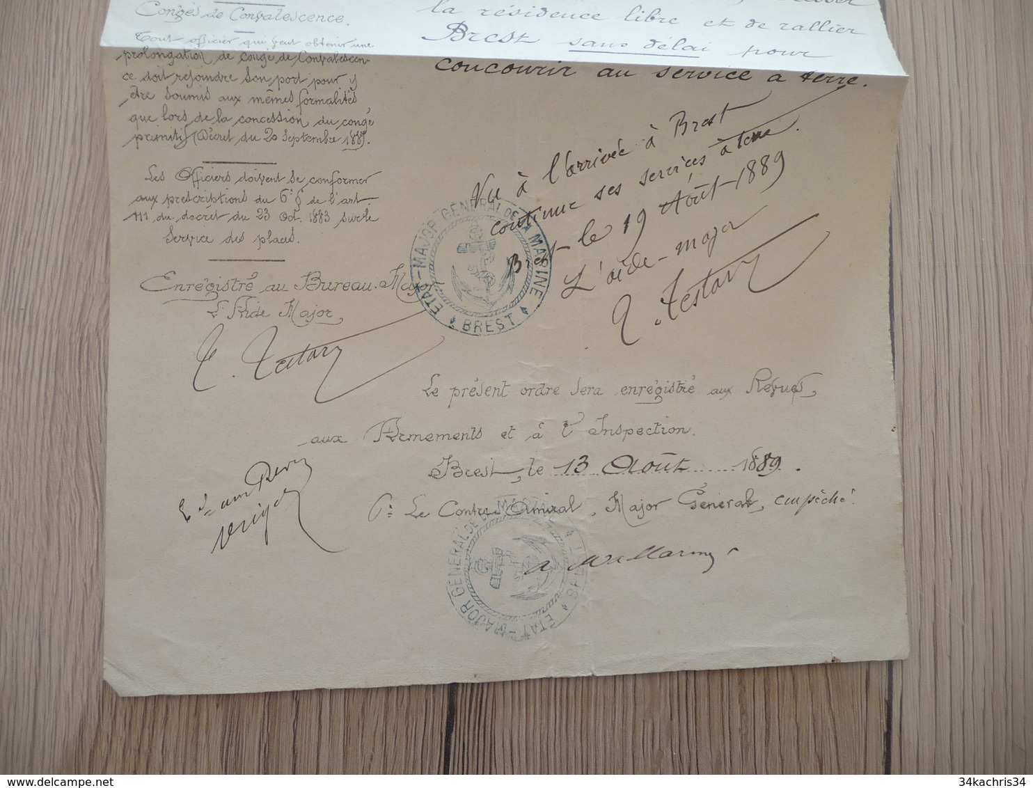 Porte De Brest 18/08/1889 Ordre Pour Paquis De Cesser Résidence Libre Marine - Documents
