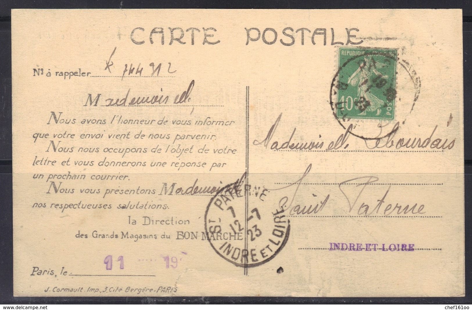 Semeuse N°159 De Roulette Sur Carte Du Bon Marché, état Voir Scan. - 1906-38 Semeuse Camée