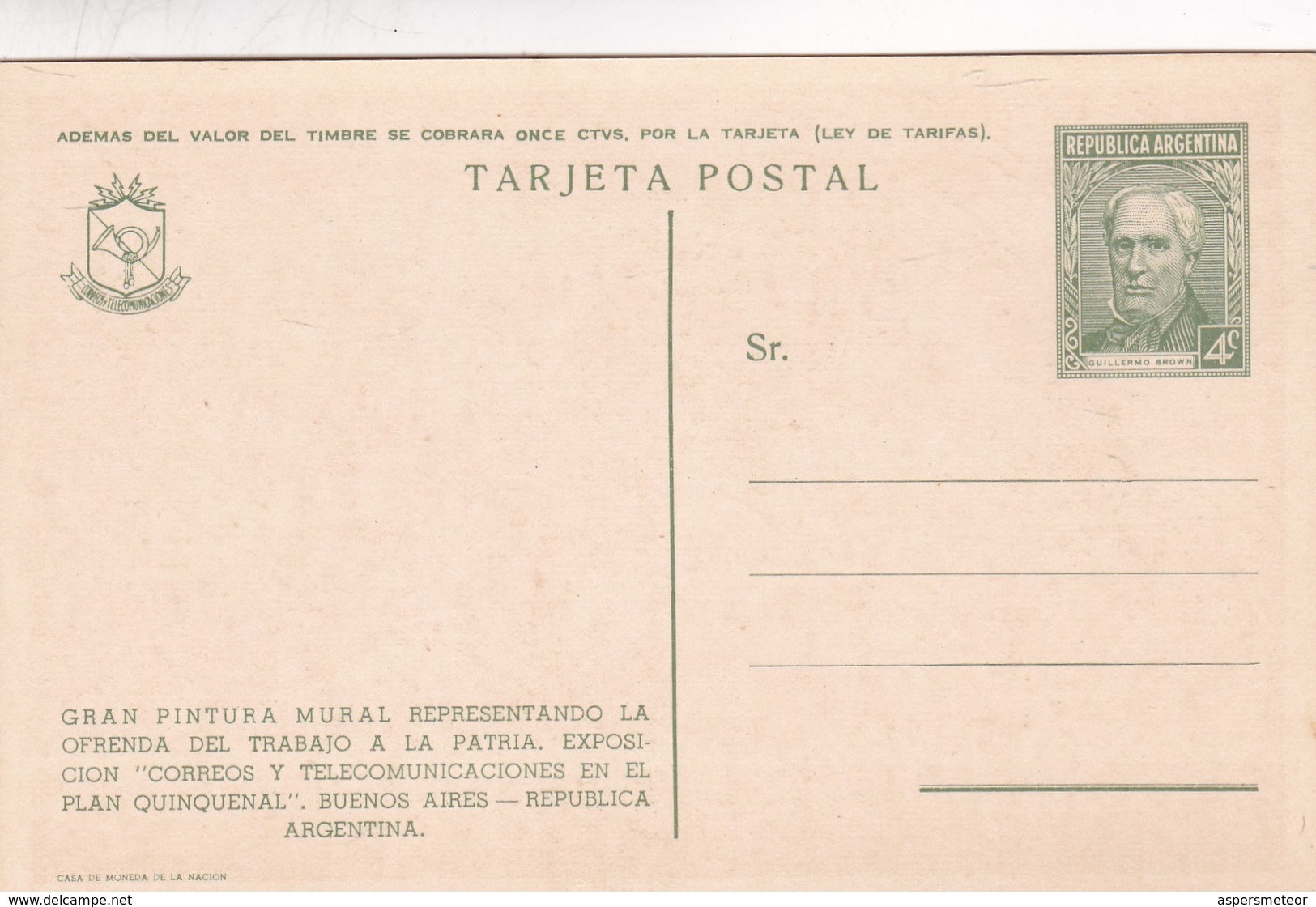 EXPOSICION PLAN QUINQUENAL. PINTURA MURAL OFRENDA DEL TRABAJO A...CASA DE LA MONEDA, BUENOS AIRES. AÑO 1949 ENTIER-BLEUP - Postal Stationery